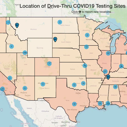 map of US indicating drive-thru covid19 testing sites across America with confirmed cases
