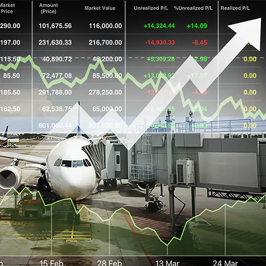 illustration of a stock chart with airlines on a tarmack connected to a passenger boarding bridge, a large jagged arrow with an up trend. 