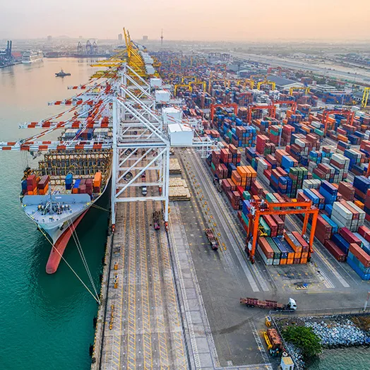 overhead view of a ship docked at a port