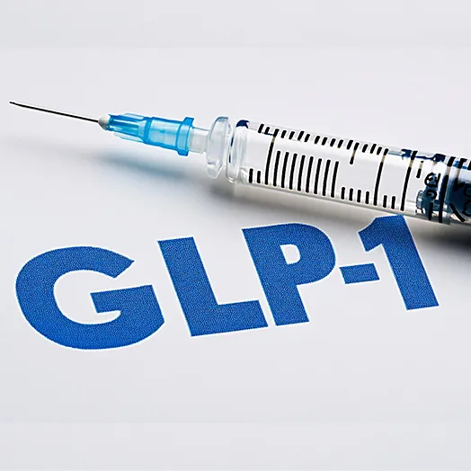 hypodermic needle over the letters GLP-1